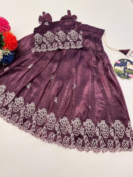 Artistic Wine Stylish Girls Lehenga with Resham Work for Festive Occasions Girls Wear