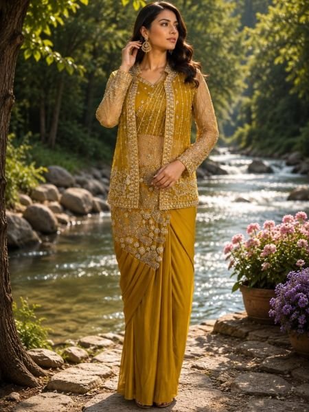 Artistic Yellow Imported Lycra Ready Made Saree for Boutique Collection 