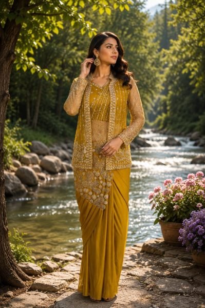 Artistic Yellow Imported Lycra Ready Made Saree for Boutique Collection Ready To Wear Saree 