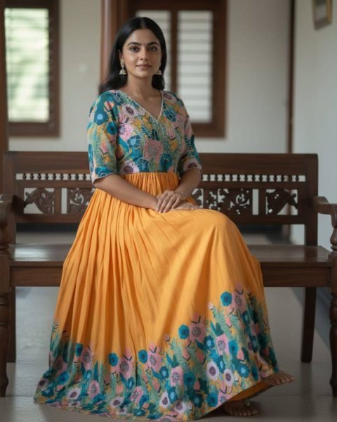 Artistic Yellow Maslin Floral Print Gown with Khatli Handwork For Wedding and Party Wear 