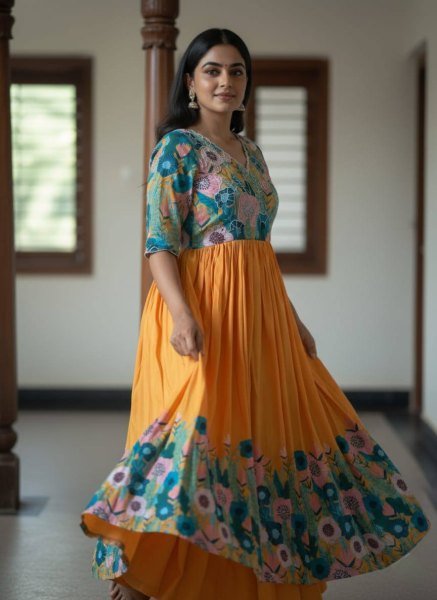 Artistic Yellow Maslin Floral Print Gown with Khatli Handwork For Wedding and Party Wear Anarkali Kurtis 