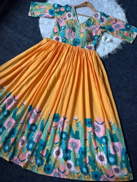 Artistic Yellow Maslin Floral Print Gown with Khatli Handwork For Wedding and Party Wear Anarkali Kurtis 