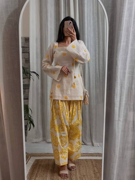 Artistic Yellow Pure Cambric Cotton Top with Digital Print Farshi Pant For Women Ready To Wear Suit