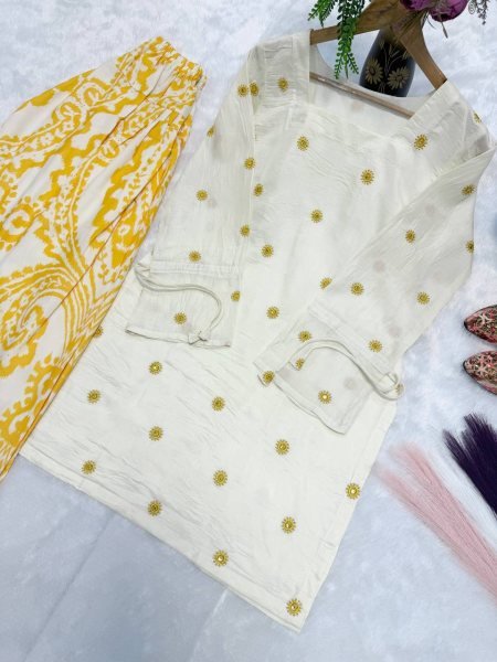 Artistic Yellow Pure Cambric Cotton Top with Digital Print Farshi Pant For Women Ready To Wear Collection