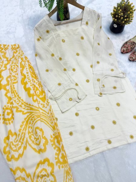 Artistic Yellow Pure Cambric Cotton Top with Digital Print Farshi Pant For Women Ready To Wear Collection