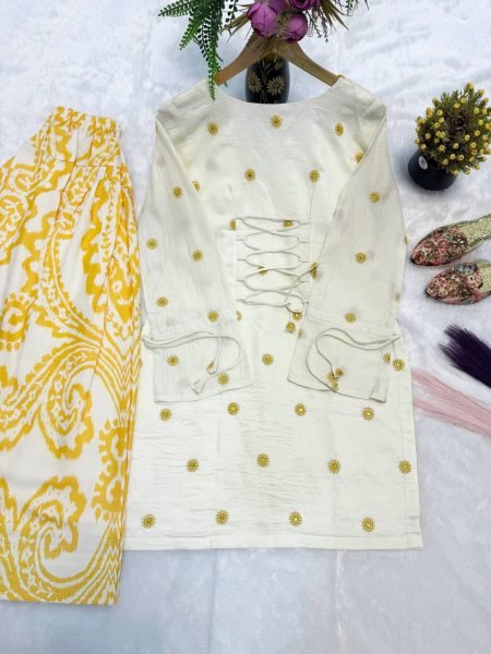 Artistic Yellow Pure Cambric Cotton Top with Digital Print Farshi Pant For Women Ready To Wear Collection