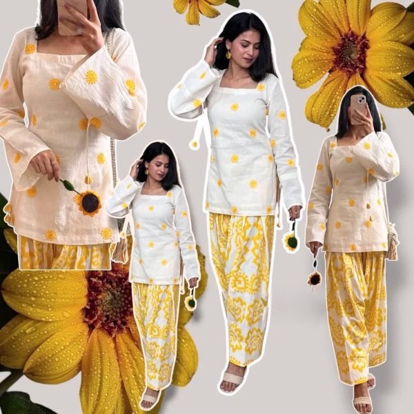 Artistic Yellow Pure Cambric Cotton Top with Digital Print Farshi Pant For Women Ready To Wear Collection