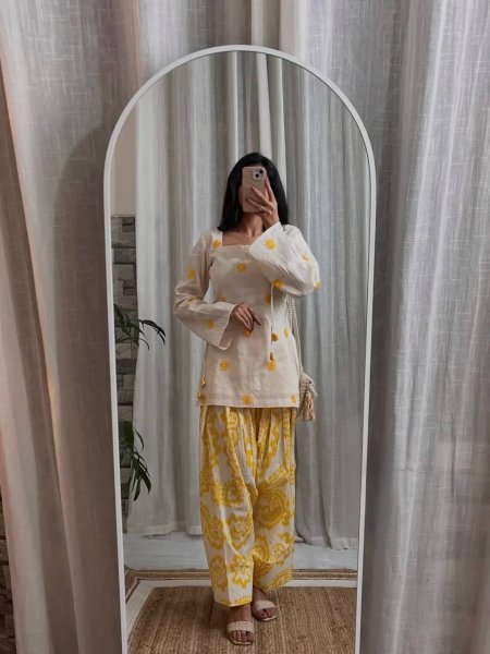Artistic Yellow Pure Cambric Cotton Top with Digital Print Farshi Pant For Women Ready To Wear Collection