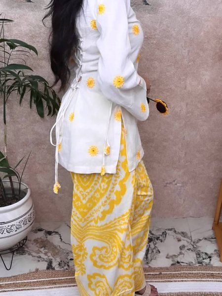 Artistic Yellow Pure Cambric Cotton Top with Digital Print Farshi Pant For Women Ready To Wear Collection