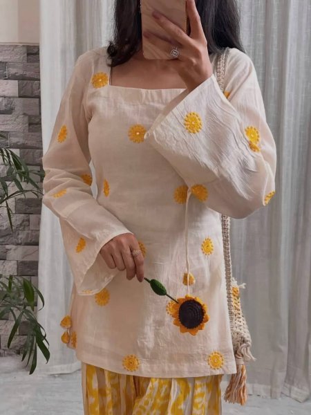 Artistic Yellow Pure Cambric Cotton Top with Digital Print Farshi Pant For Women Ready To Wear Collection