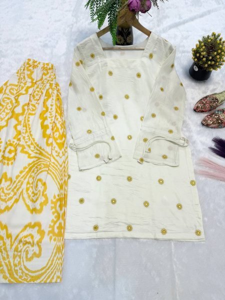 Artistic Yellow Pure Cambric Cotton Top with Digital Print Farshi Pant For Women Ready To Wear Collection