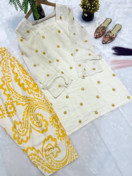 Artistic Yellow Pure Cambric Cotton Top with Digital Print Farshi Pant For Women Ready To Wear Collection