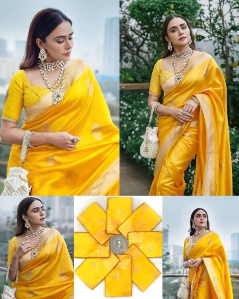 Artistic Yellow Soft Lichi Silk Saree with Rich Jacquard Work and Heavy Brocade Blouse Silk Sarees Wholesale