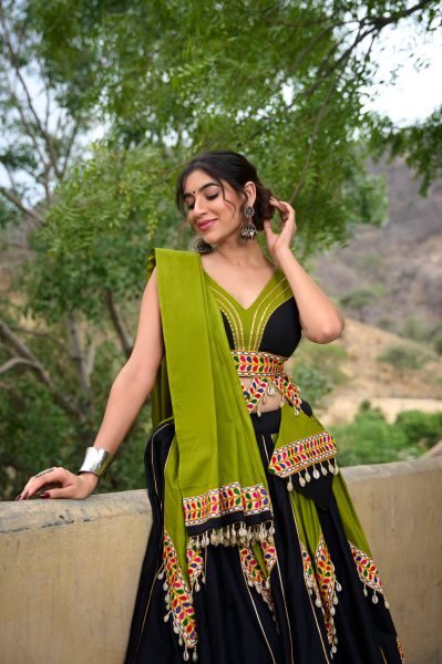 Attractive Black   Mint Green Cotton Silk Lehenga Choli with Gamthi Work Perfect for Festive Occasions Navratri Lehnega Choli