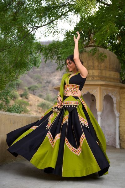 Attractive Black   Mint Green Cotton Silk Lehenga Choli with Gamthi Work Perfect for Festive Occasions Navratri Lehnega Choli