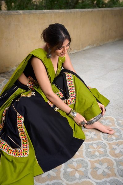 Attractive Black   Mint Green Cotton Silk Lehenga Choli with Gamthi Work Perfect for Festive Occasions Navratri Lehnega Choli