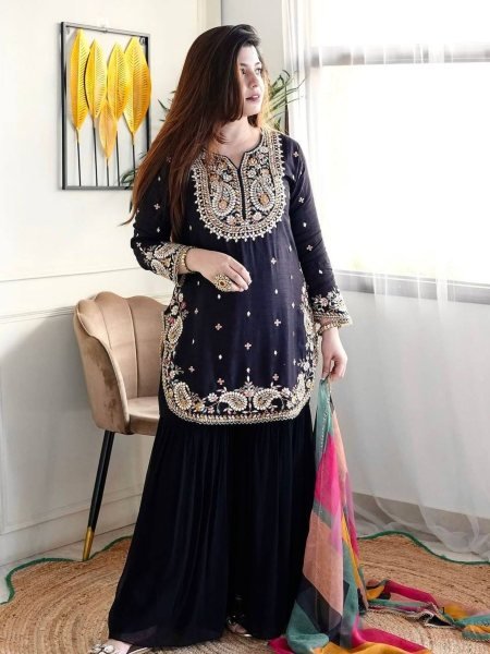 Attractive Party Wear Heavy Pure Gorgette Silk Kurti-Sarara Pair At Best Rate Ready To Wear Collection