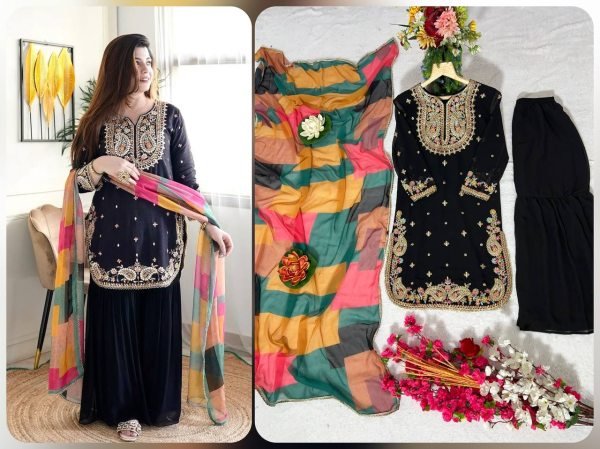 Attractive Party Wear Heavy Pure Gorgette Silk Kurti-Sarara Pair At Best Rate Ready To Wear Collection