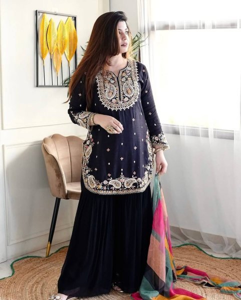Attractive Party Wear Heavy Pure Gorgette Silk Kurti-Sarara Pair At Best Rate Ready To Wear Collection