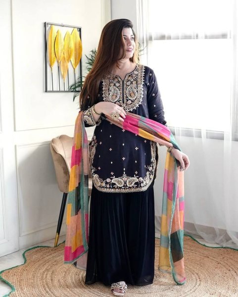 Attractive Party Wear Heavy Pure Gorgette Silk Kurti-Sarara Pair At Best Rate Ready To Wear Collection