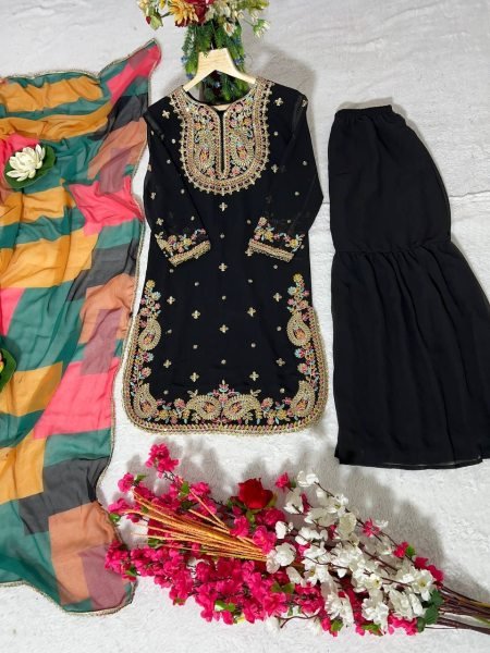 Attractive Party Wear Heavy Pure Gorgette Silk Kurti-Sarara Pair At Best Rate Ready To Wear Collection