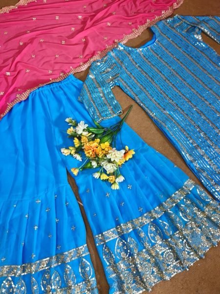 Attractive Party Wear Sky Color Fox Georgette Silk Sharara Set  Ready To Wear Collection