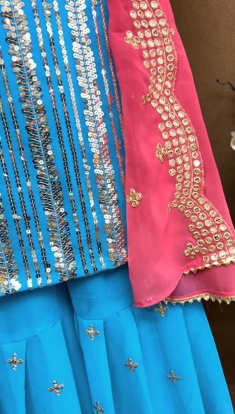 Attractive Party Wear Sky Color Fox Georgette Silk Sharara Set  Ready To Wear Collection