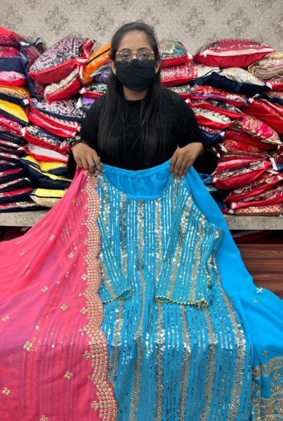 Attractive Party Wear Sky Color Fox Georgette Silk Sharara Set  Ready To Wear Collection