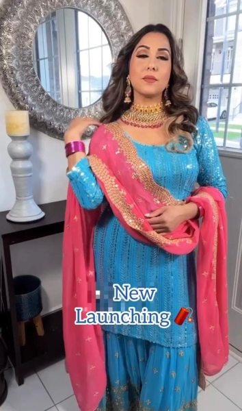 Attractive Party Wear Sky Color Fox Georgette Silk Sharara Set  Ready To Wear Collection