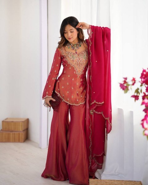 Attractive Pink Silk Palazzo Suit with Dupatta Stylish Party Wear Collection Ready To Wear Collection