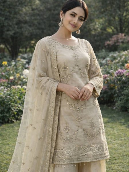 Attractive Premium Kundan Organza Embroidery Sequence And Cording Work With Readymade Palazzo Dress 