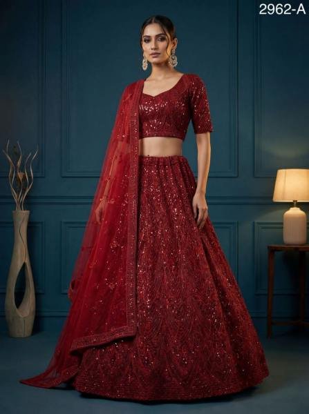 Attractive Red Net Lehenga Choli With Embroidery And Zircon Work For Wedding Bridal Lehenga Choli