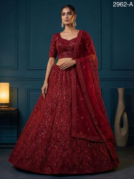 Attractive Red Net Lehenga Choli With Embroidery And Zircon Work For Wedding Bridal Lehenga Choli