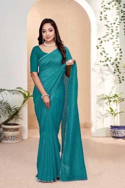 Attractive Women's Vichitra Silk Striped Saree With Blouse Piece Embroidery Sarees Wholesale