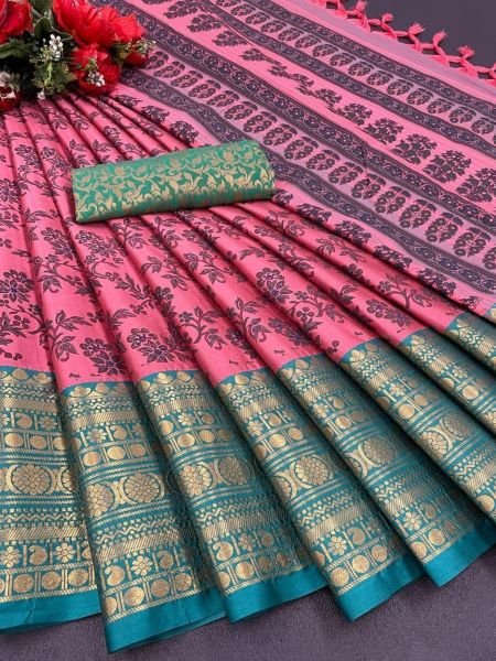 Aura Cotton Silk With Broad Contrast jacquard Work Border Saree  Silk Sarees Wholesale