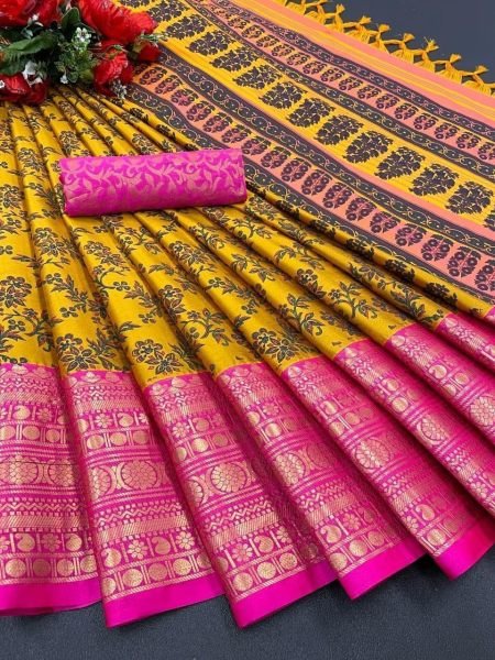 Aura Cotton Silk With Broad Contrast jacquard Work Border Saree  Silk Sarees Wholesale