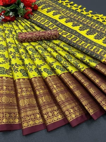 Aura Cotton Silk With Broad Contrast jacquard Work Border Saree  Silk Sarees Wholesale