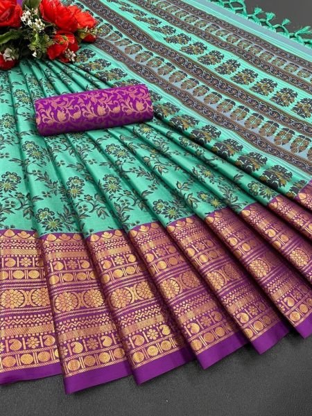 Aura Cotton Silk With Broad Contrast jacquard Work Border Saree  Silk Sarees Wholesale