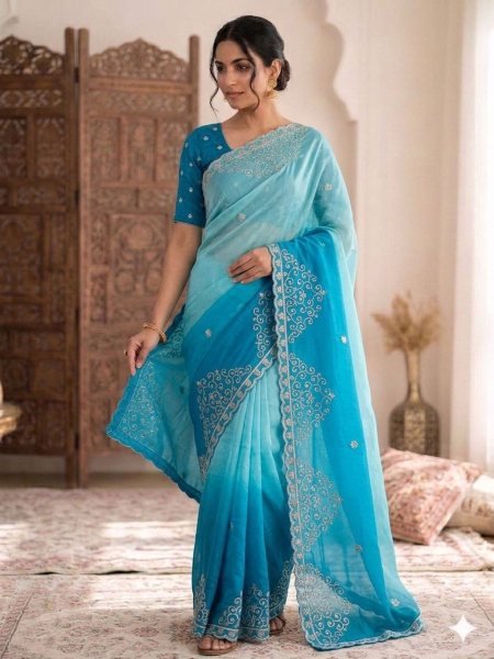 Aurielle Blue Designer Saree with Cutwork Border for Festive Occasions Embroidery Sarees Wholesale