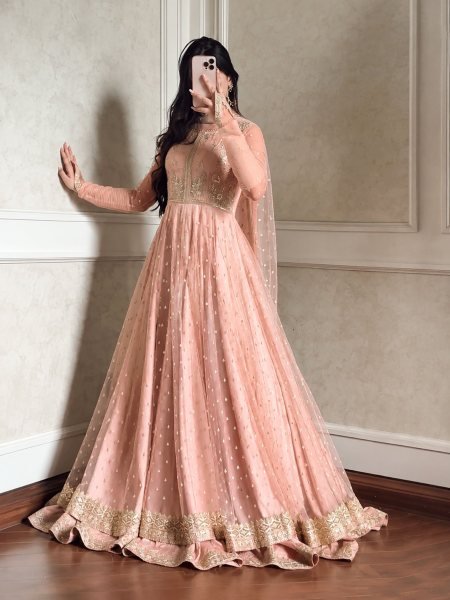 Authentic Baby Pink Faux Georgette Gown with Matching Lehenga and Butterfly Net Dupatta 