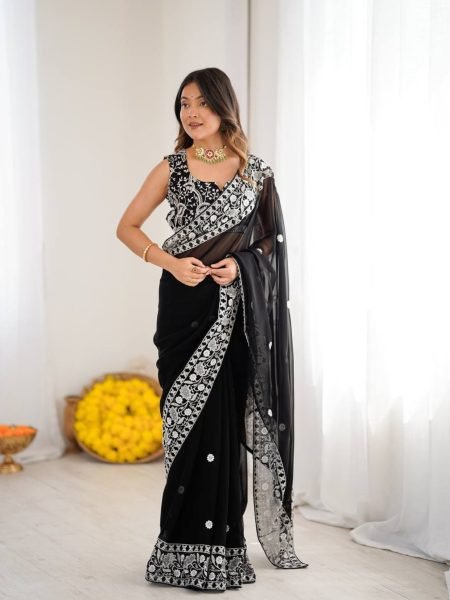Authentic Black Designer Faux Georgette Saree with Embroidered Blouse at Manufacturer Rate 