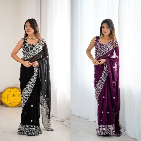 Authentic Black Designer Faux Georgette Saree with Embroidered Blouse at Manufacturer Rate Georgette Sarees Wholesale