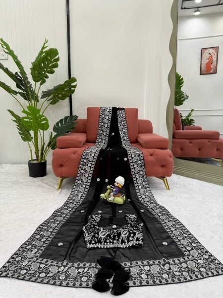 Authentic Black Designer Faux Georgette Saree with Embroidered Blouse at Manufacturer Rate Georgette Sarees Wholesale
