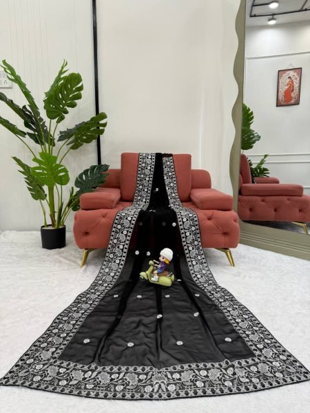 Authentic Black Designer Faux Georgette Saree with Embroidered Blouse at Manufacturer Rate Georgette Sarees Wholesale