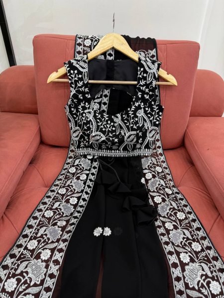 Authentic Black Designer Faux Georgette Saree with Embroidered Blouse at Manufacturer Rate Georgette Sarees Wholesale