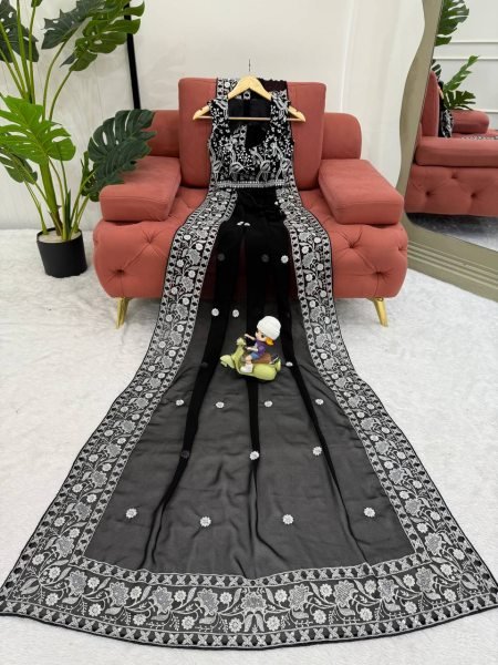 Authentic Black Designer Faux Georgette Saree with Embroidered Blouse at Manufacturer Rate Georgette Sarees Wholesale