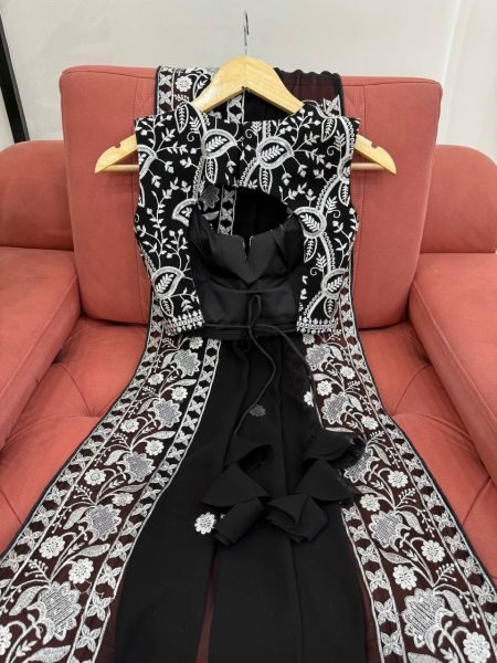 Authentic Black Designer Faux Georgette Saree with Embroidered Blouse at Manufacturer Rate Georgette Sarees Wholesale