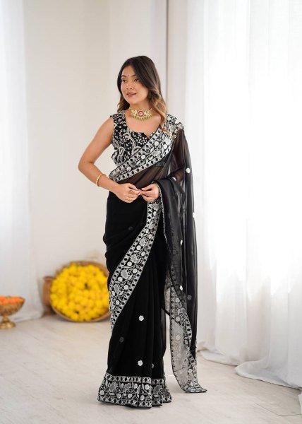 Authentic Black Designer Faux Georgette Saree with Embroidered Blouse at Manufacturer Rate Georgette Sarees Wholesale