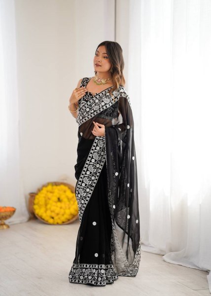 Authentic Black Designer Faux Georgette Saree with Embroidered Blouse at Manufacturer Rate Georgette Sarees Wholesale
