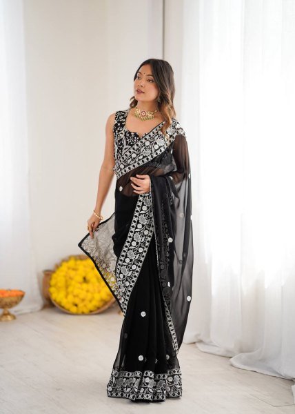 Authentic Black Designer Faux Georgette Saree with Embroidered Blouse at Manufacturer Rate Georgette Sarees Wholesale